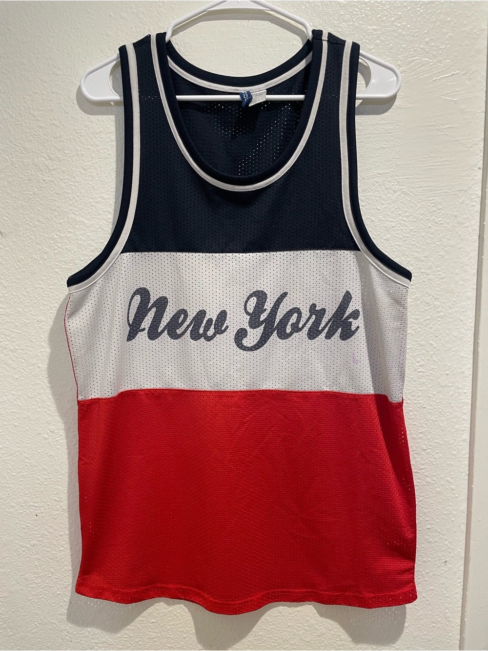 H&M New York Colorblock Mesh Tank Top Mens Medium Red White Navy Jersey